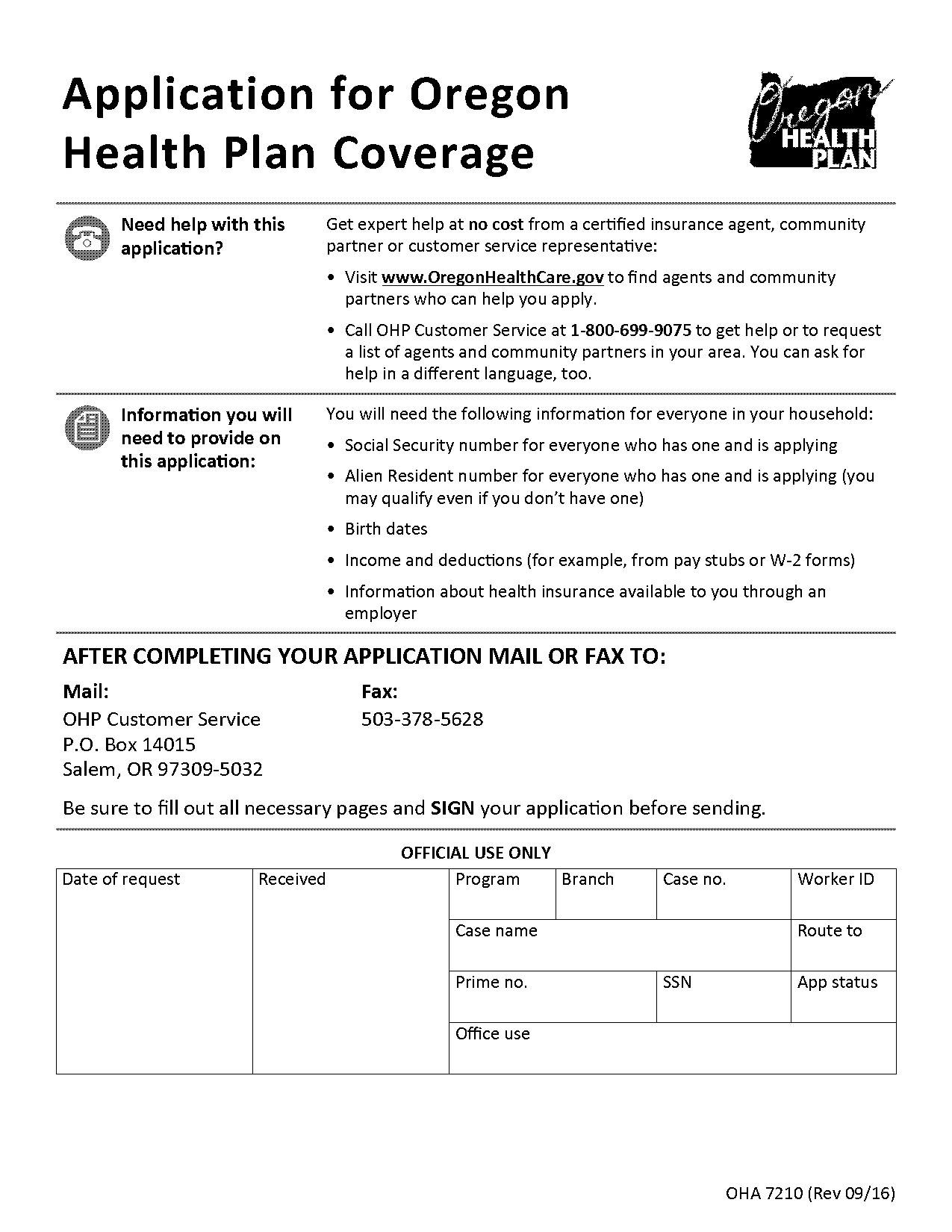 oregon health plan application form