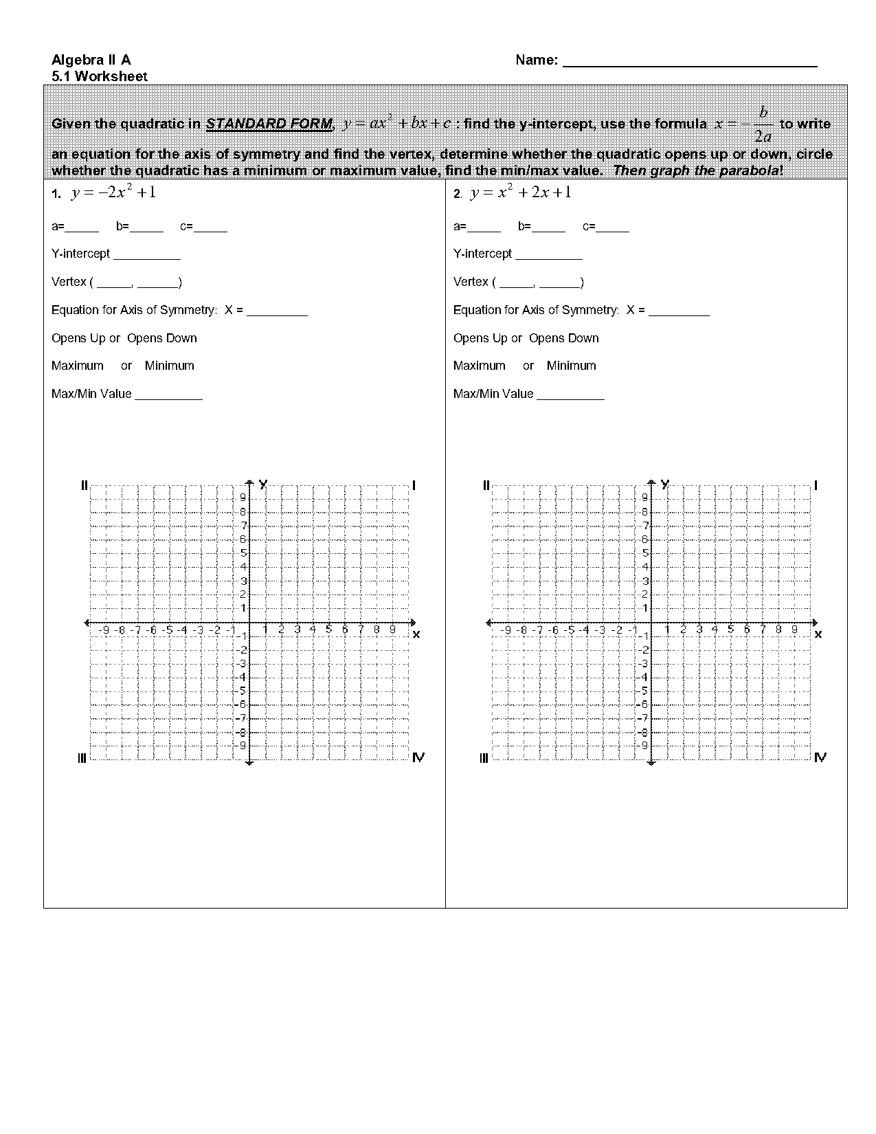 quadratic function to standard form worksheet pdf