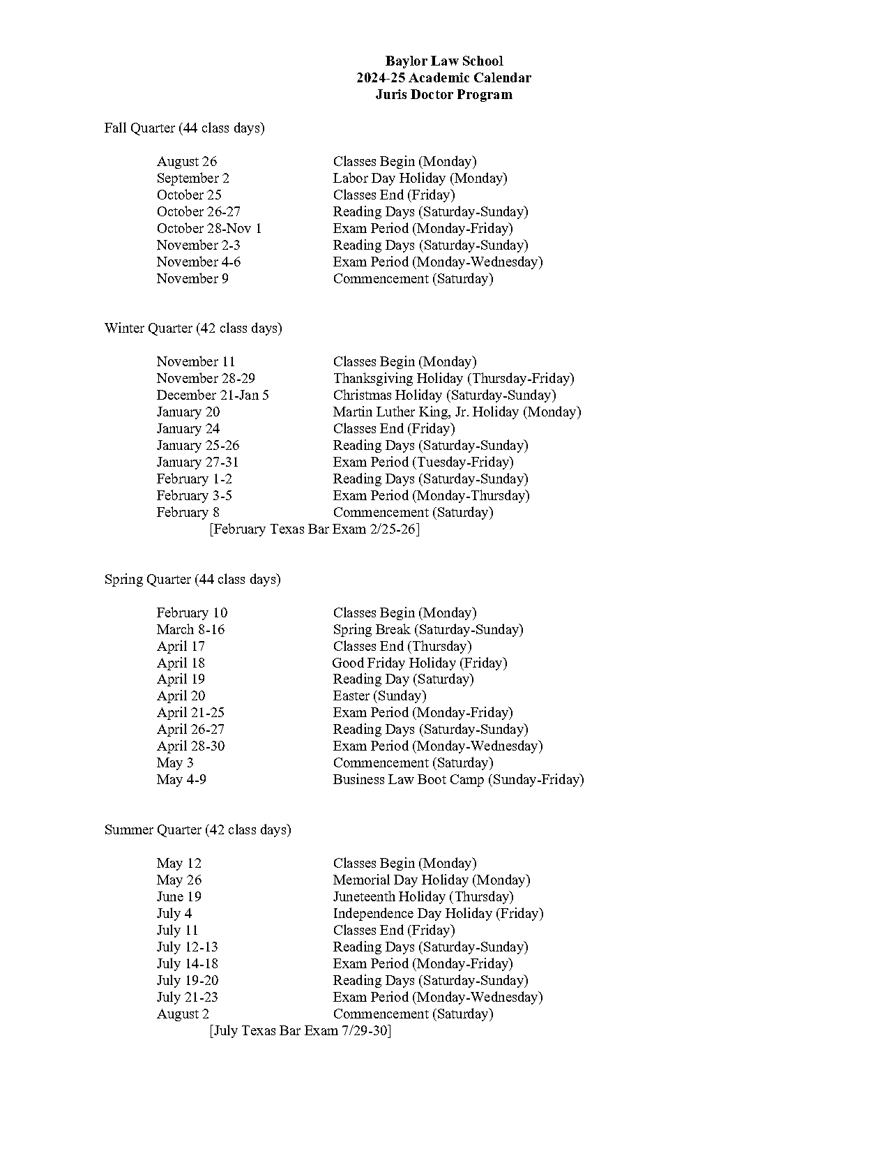 baylor law school summer schedule