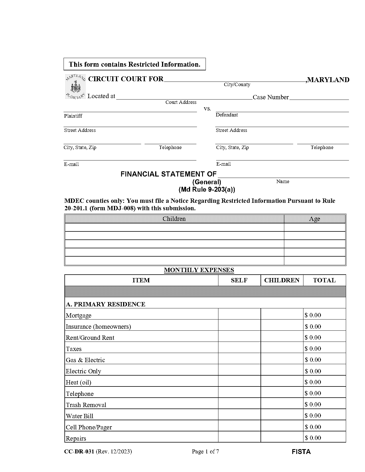 financial statement long form maryland