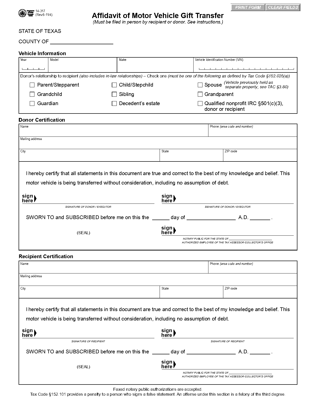 texas vehicle registration gift affidavit