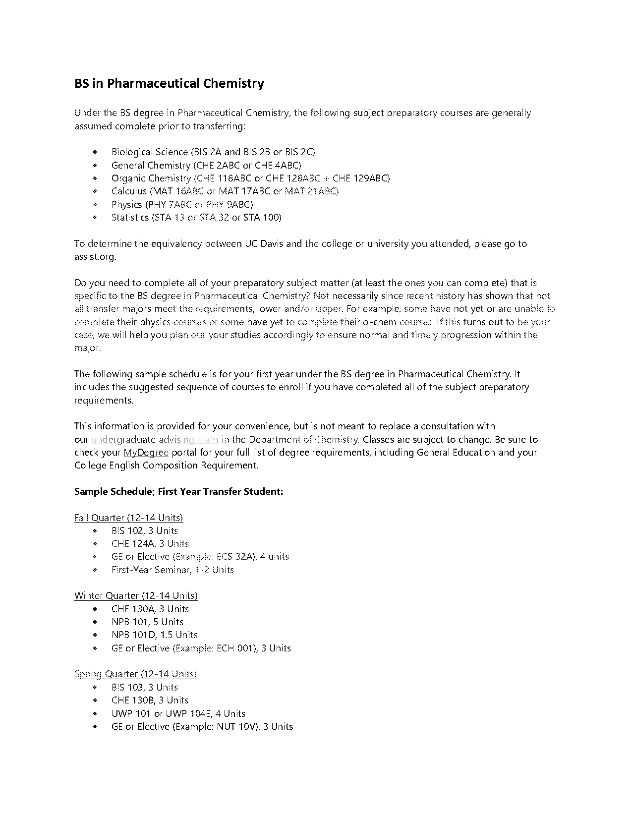 pharmaceutical chemistry major requirements uc davis