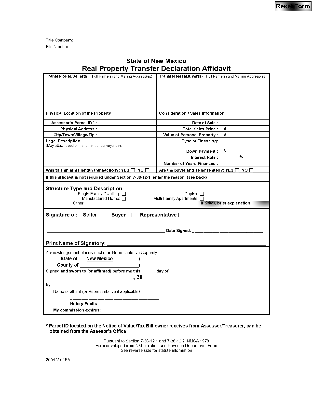 new mexico residential real property transfer declaration affidavit