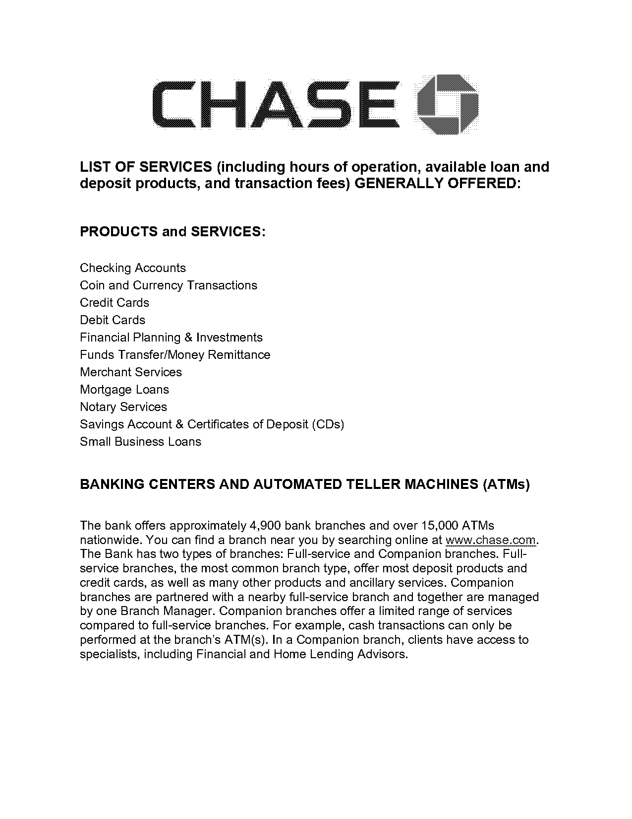 list of services chase bank offers