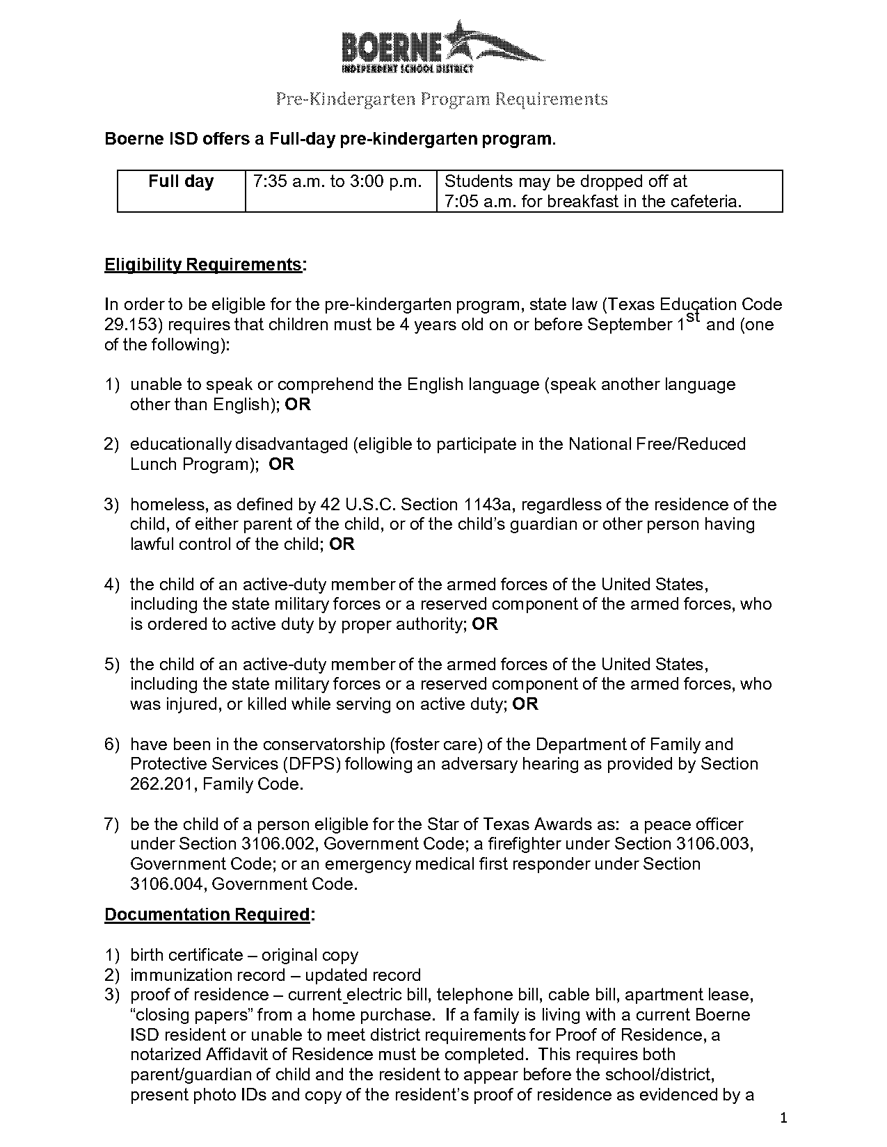 texas pre k requirements