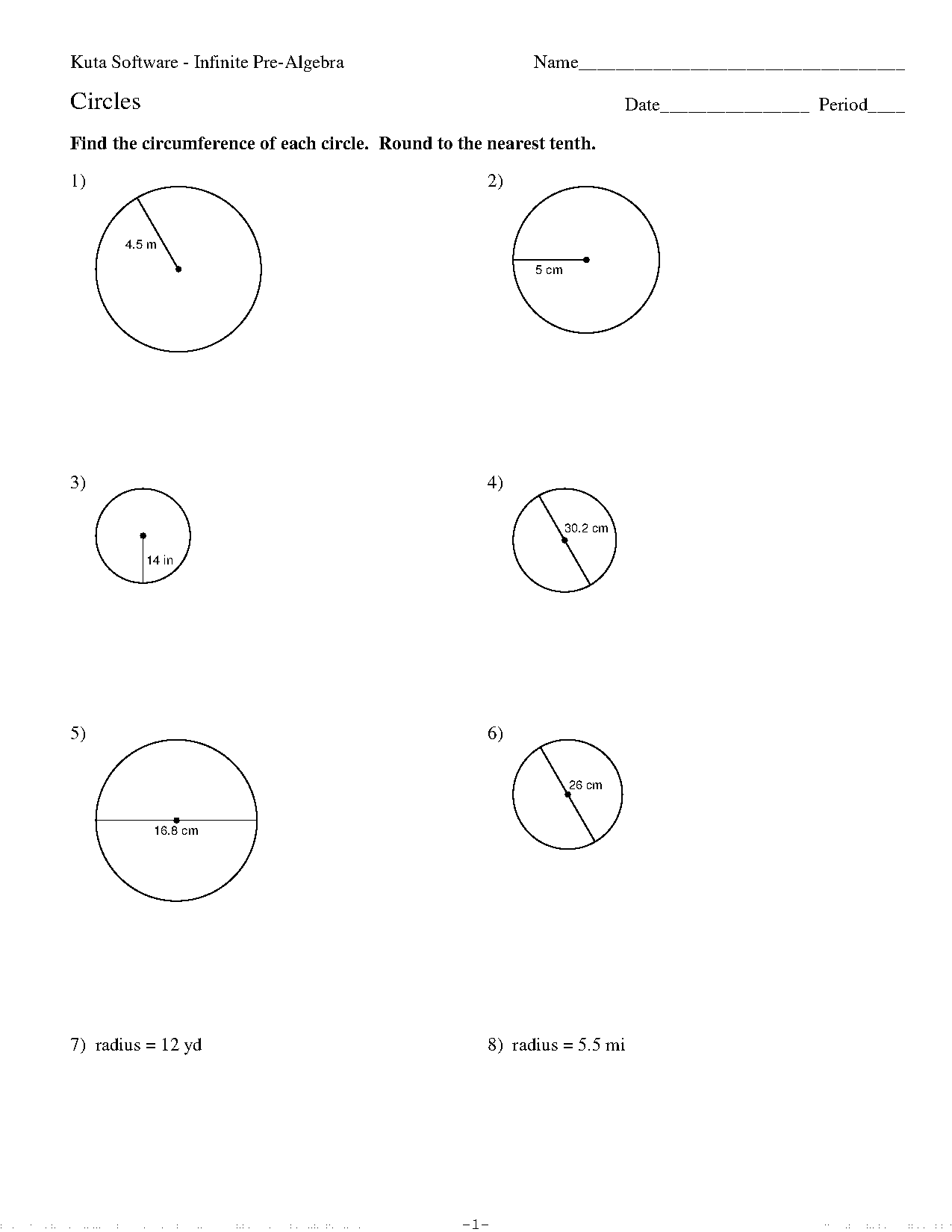 find circumference from diameter worksheet