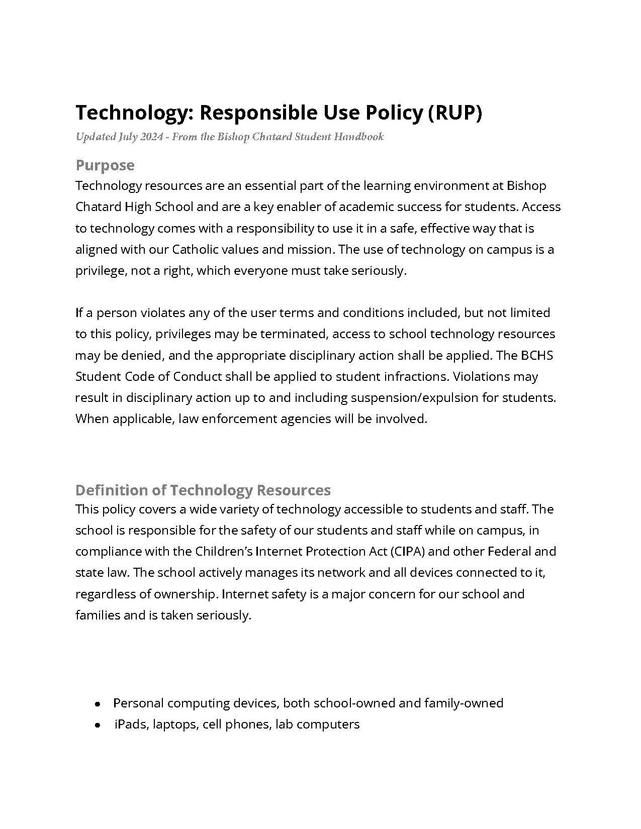 high school technology use policy