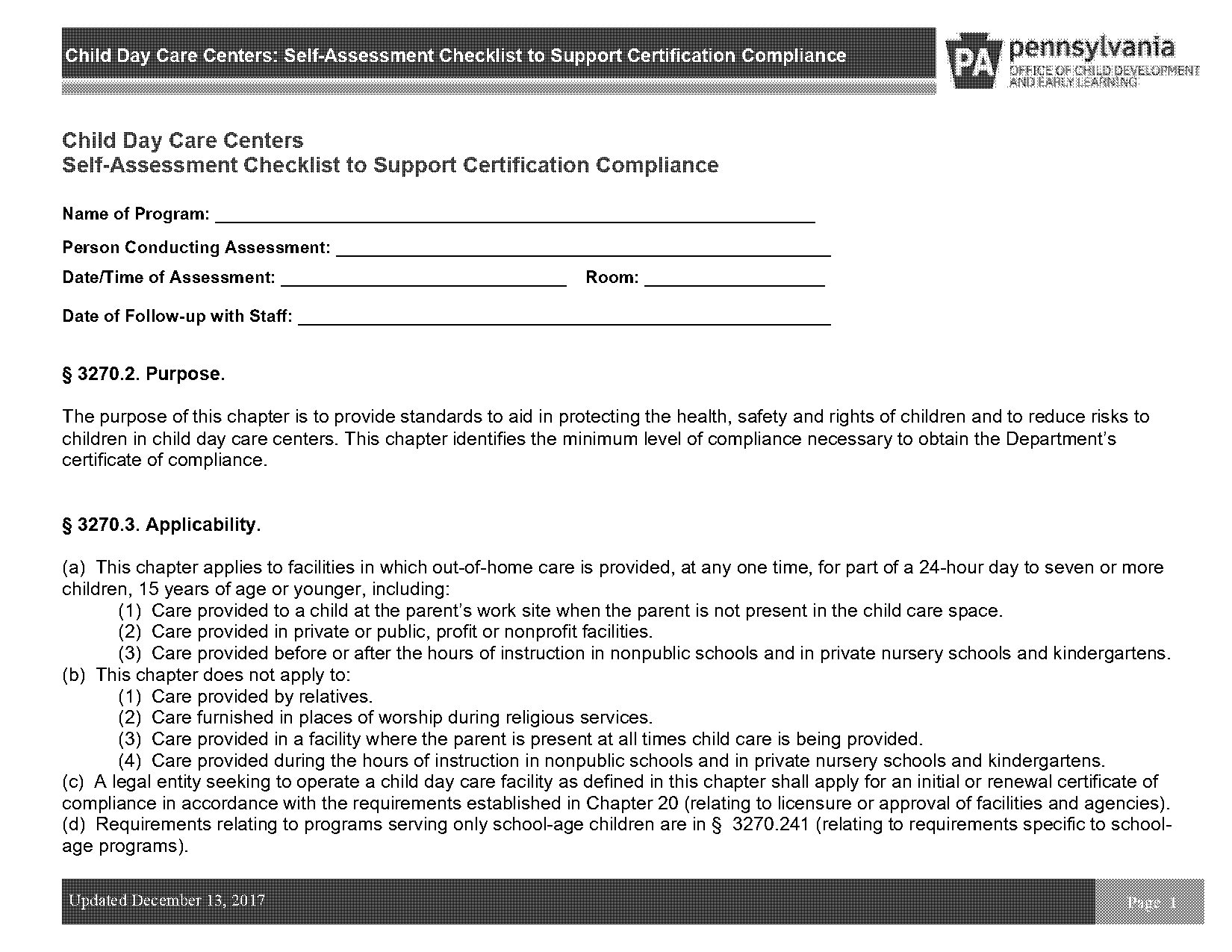 daycare inspection checklist pa