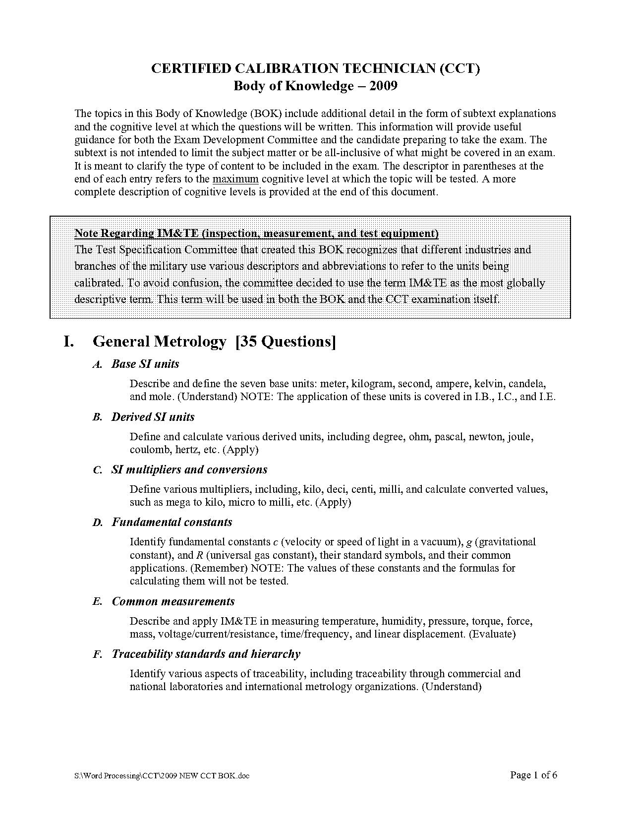 calibration technician entry level sample exam