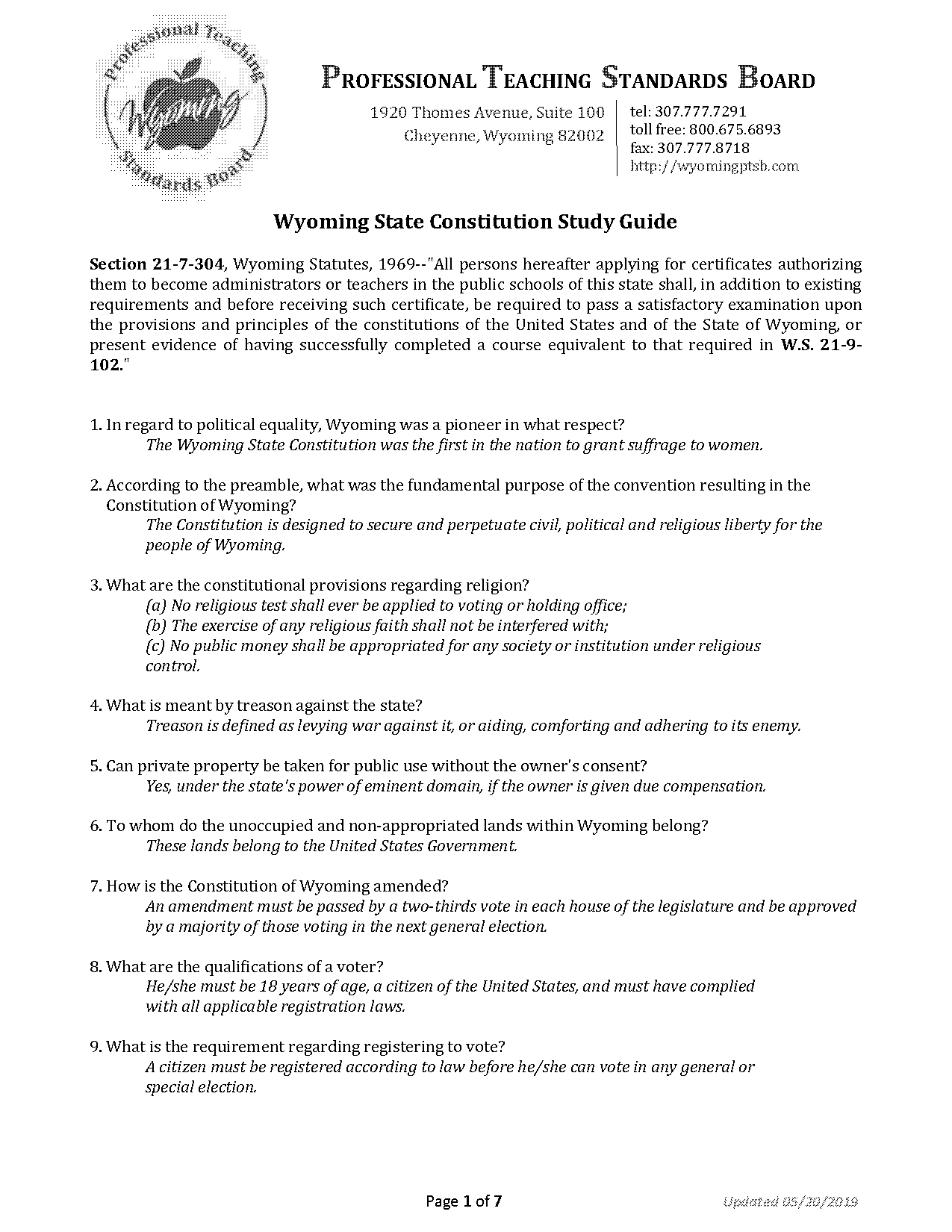 wyoming professional guide exam answers