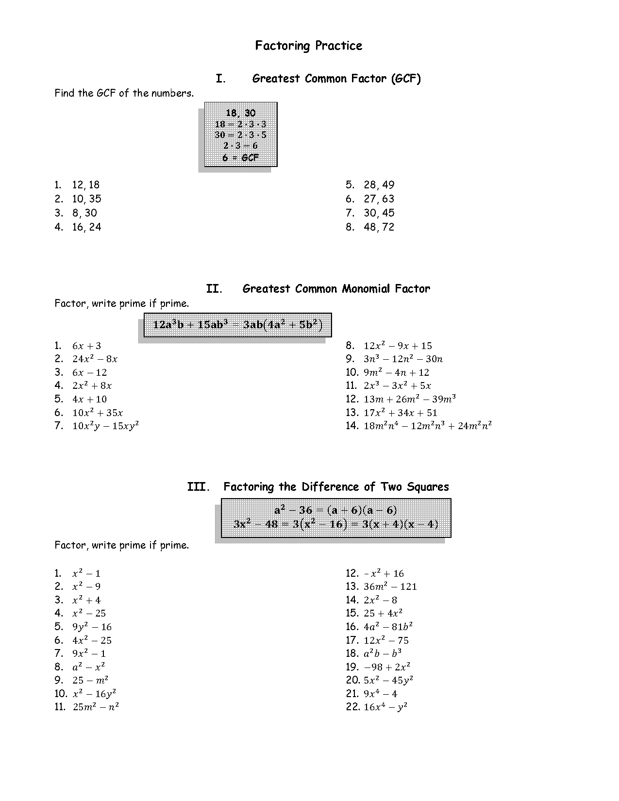 find gcf of polynomials worksheet