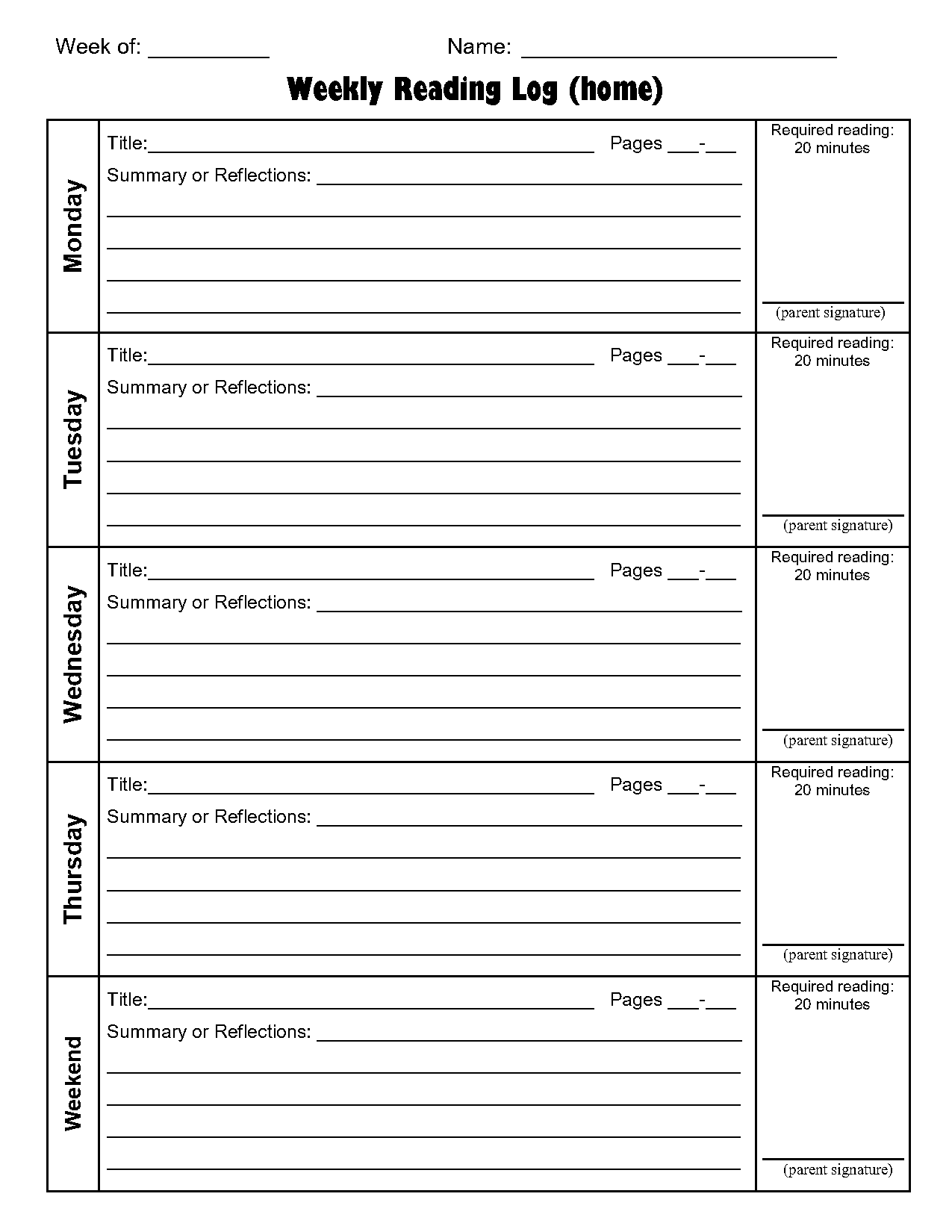 reading journal template middle school