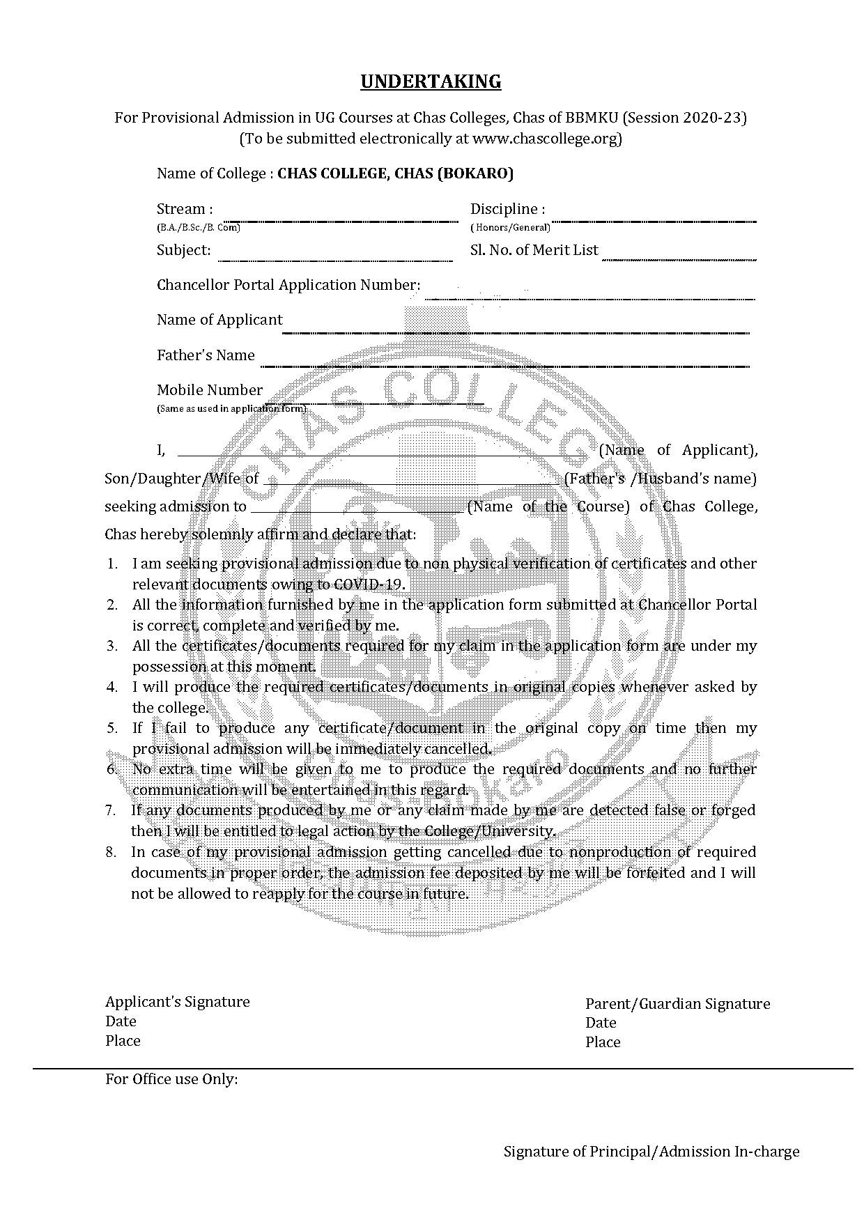 chas college admission form