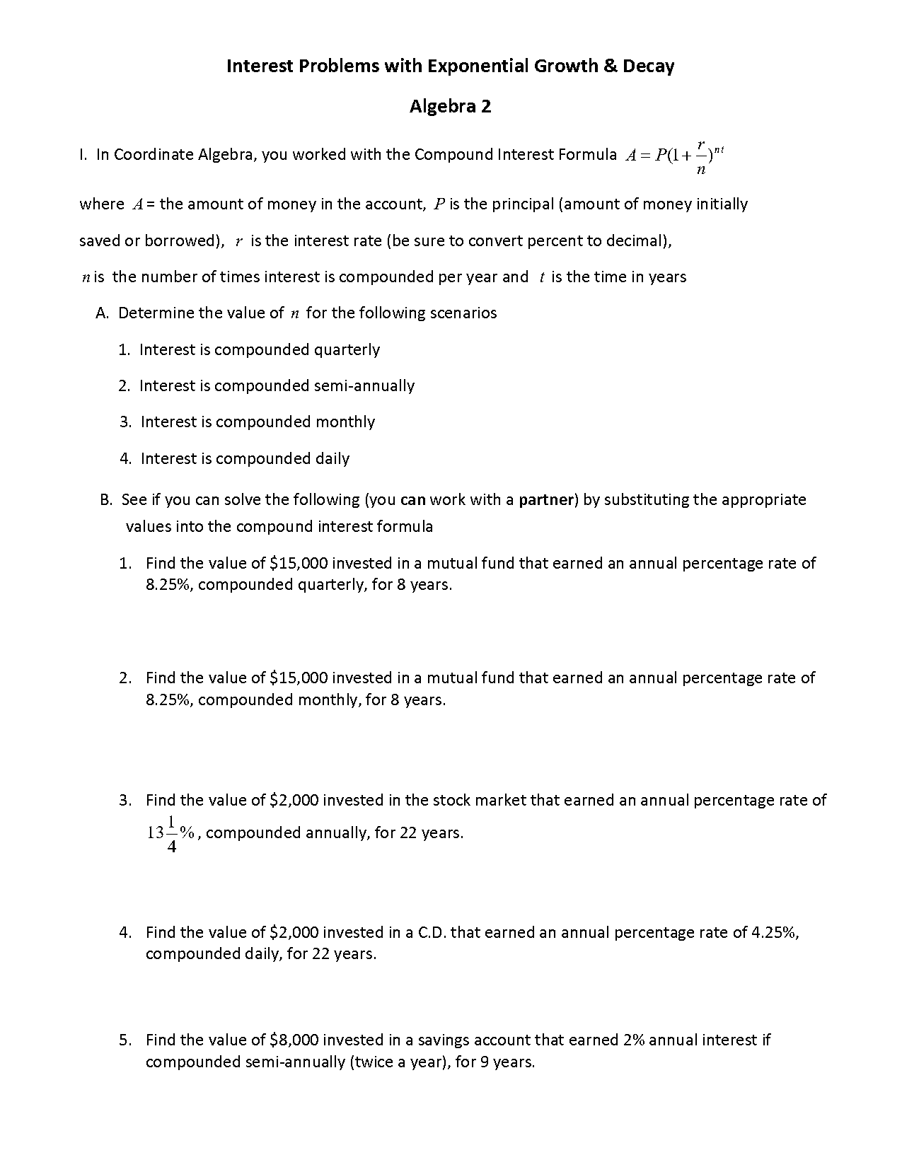 interest formula algebra worksheet