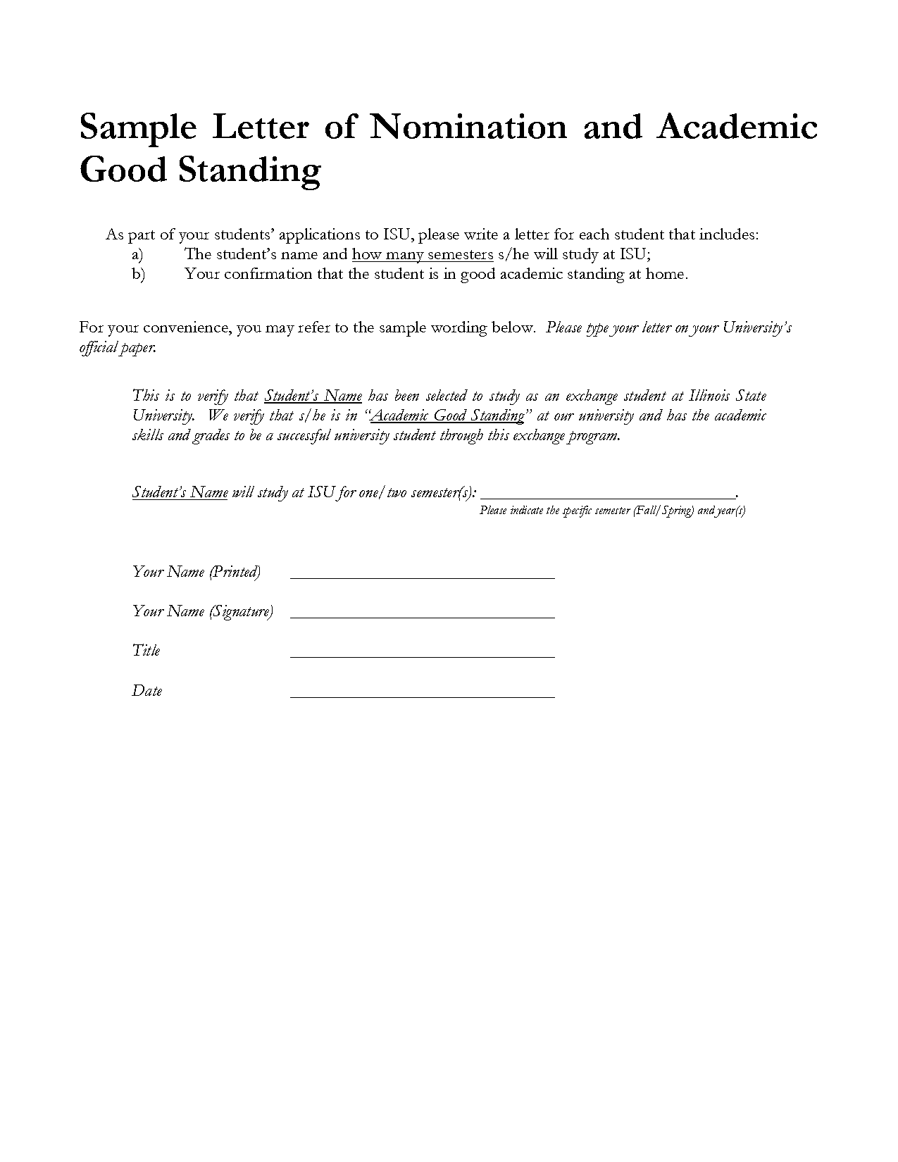 sample letter of good academic standing