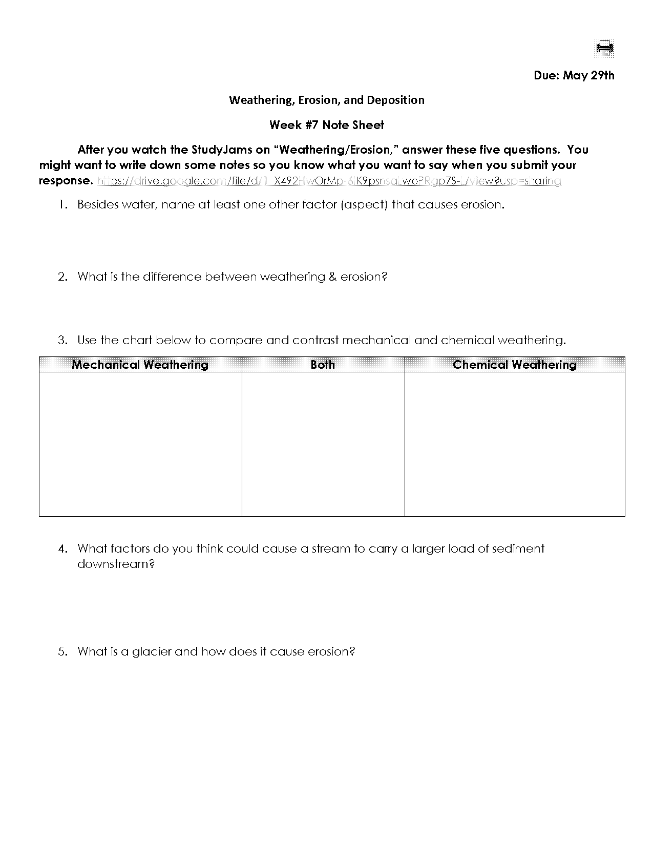 weathering erosion and soil worksheet