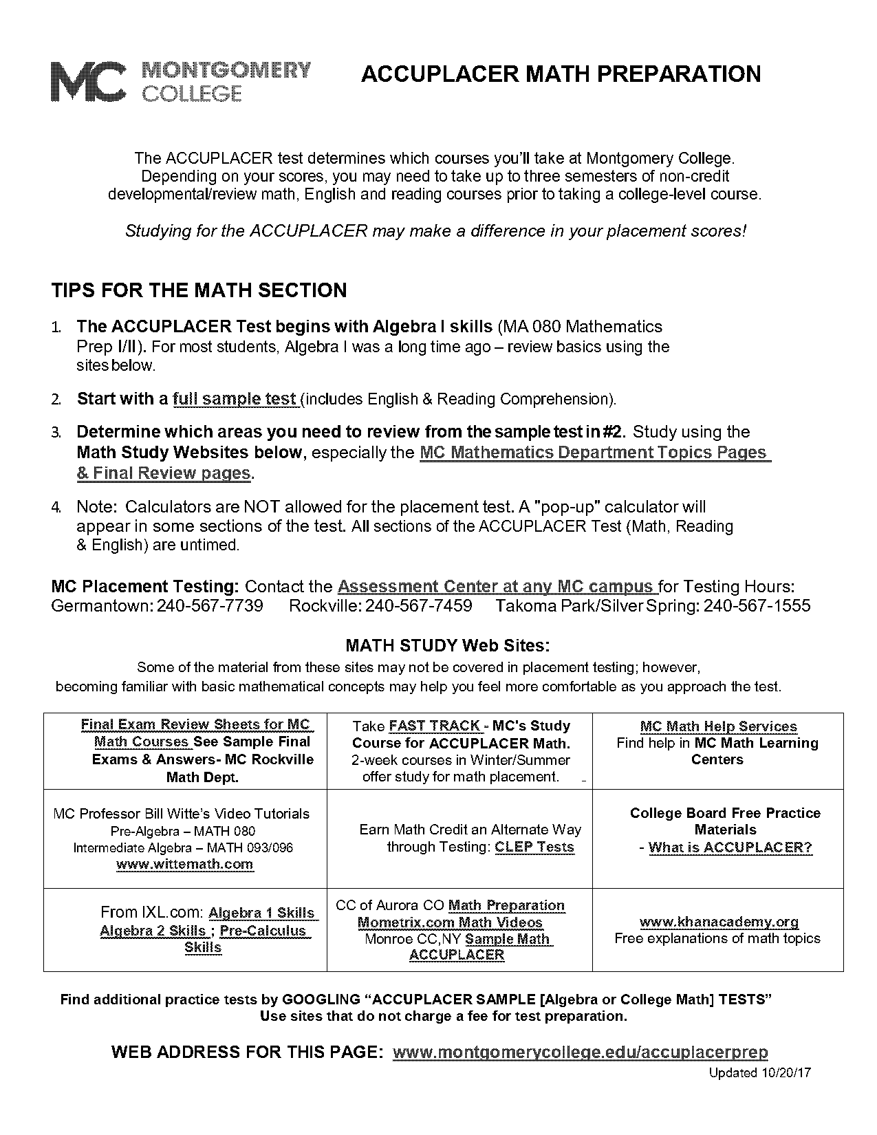 example college math placement test