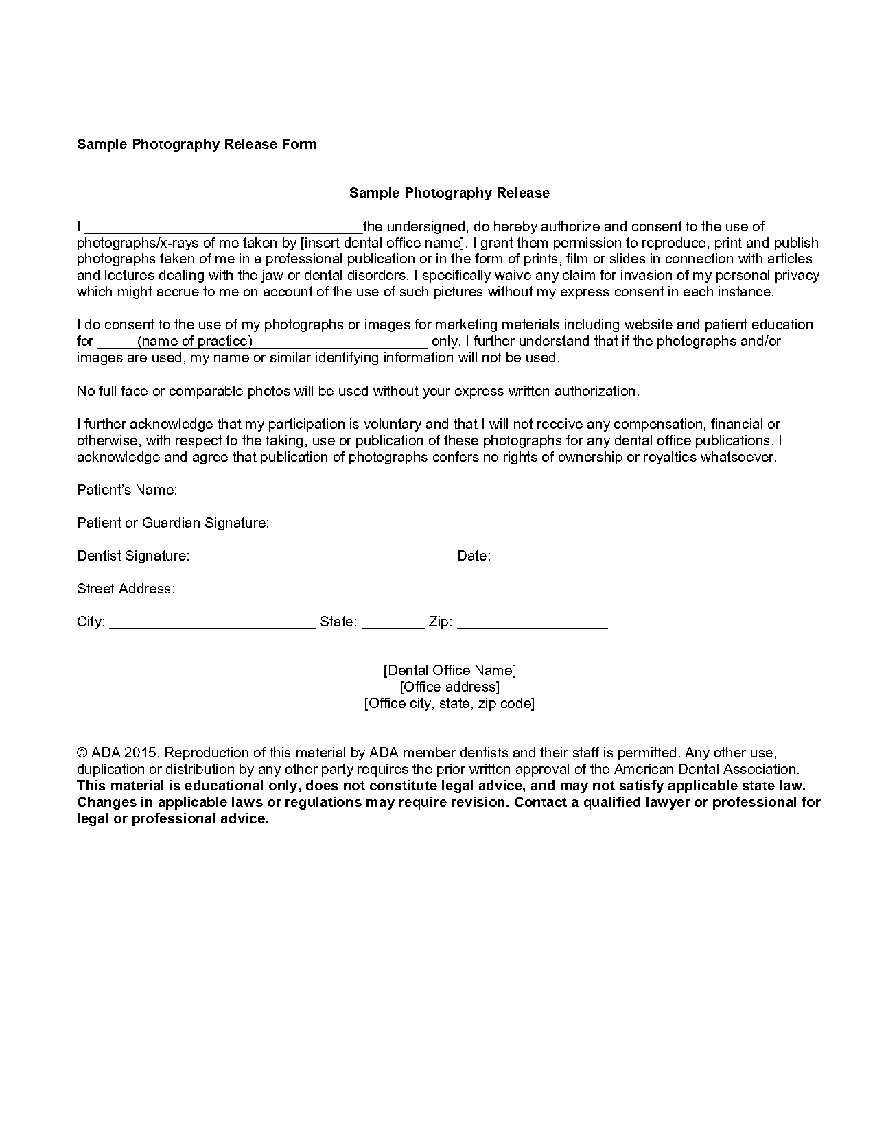 legal template for consent to use photos