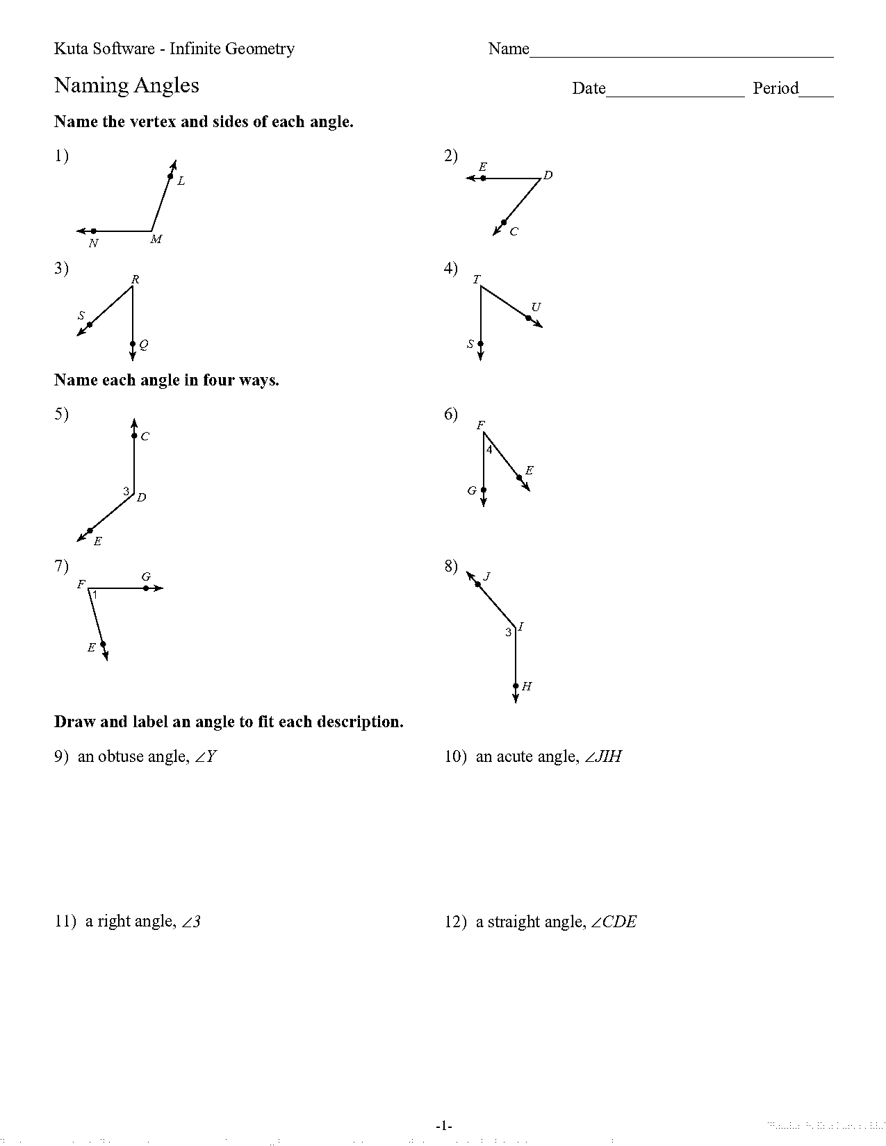 th grade math worksheet naming angles rays lines