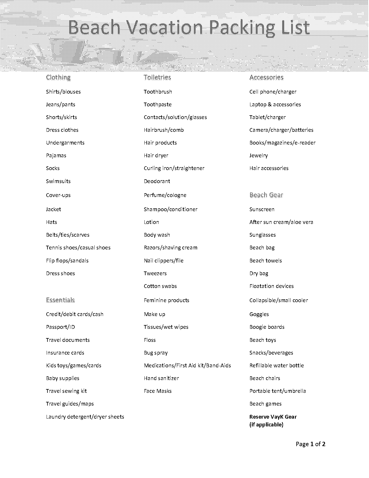 beach holiday checklist pdf