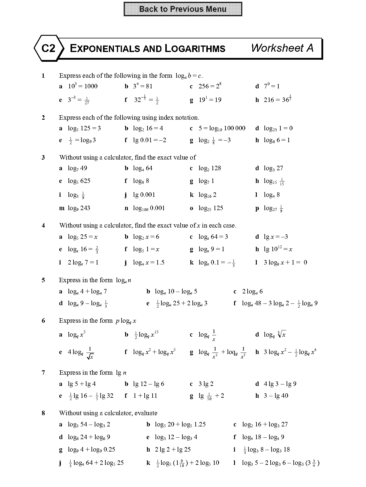 exponential and log functions worksheet answers