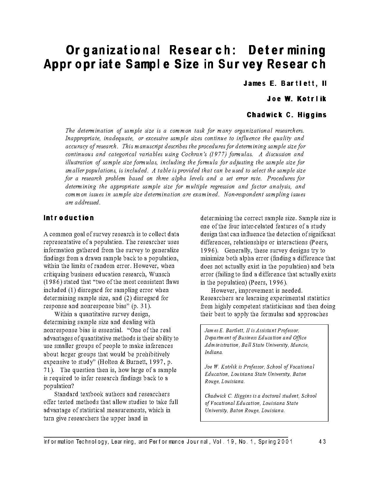 sample size table for research