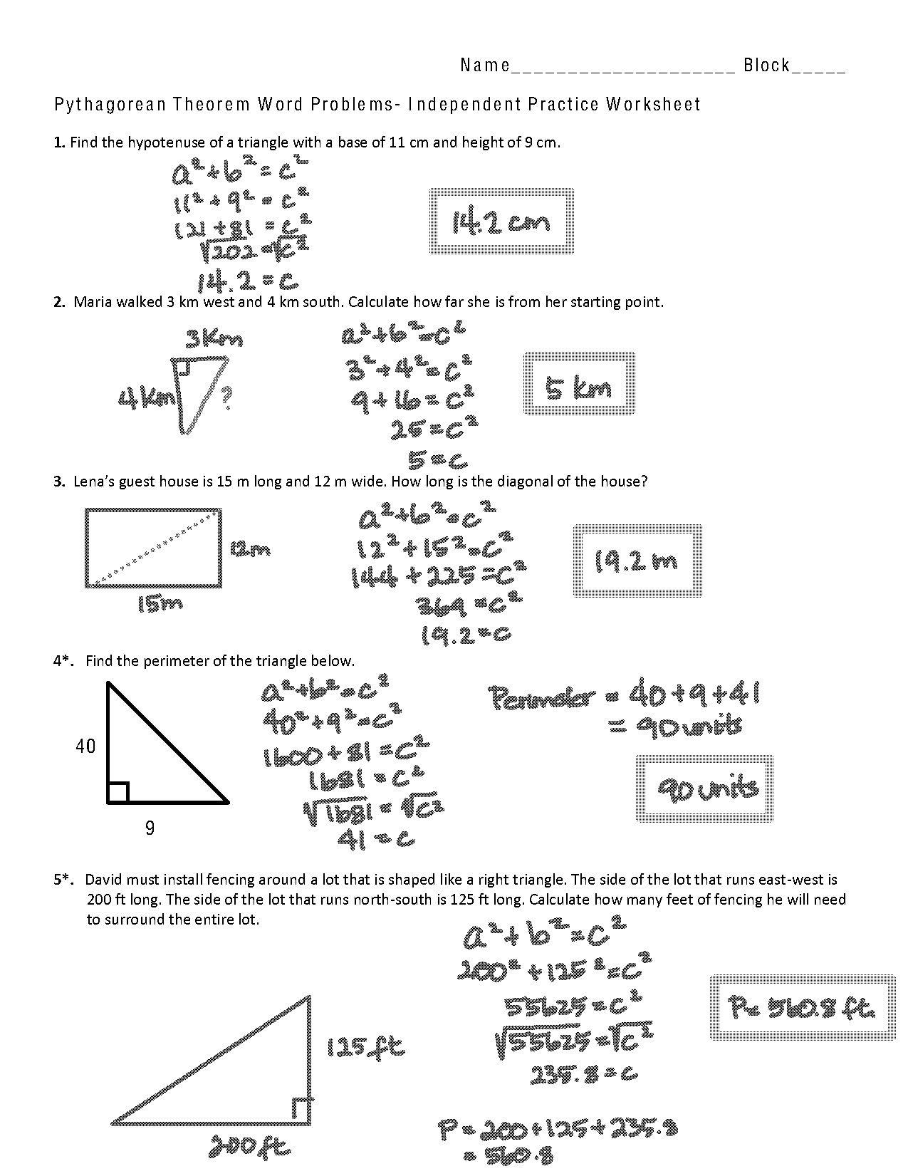 pythagorean theorem word problems independent practice worksheet