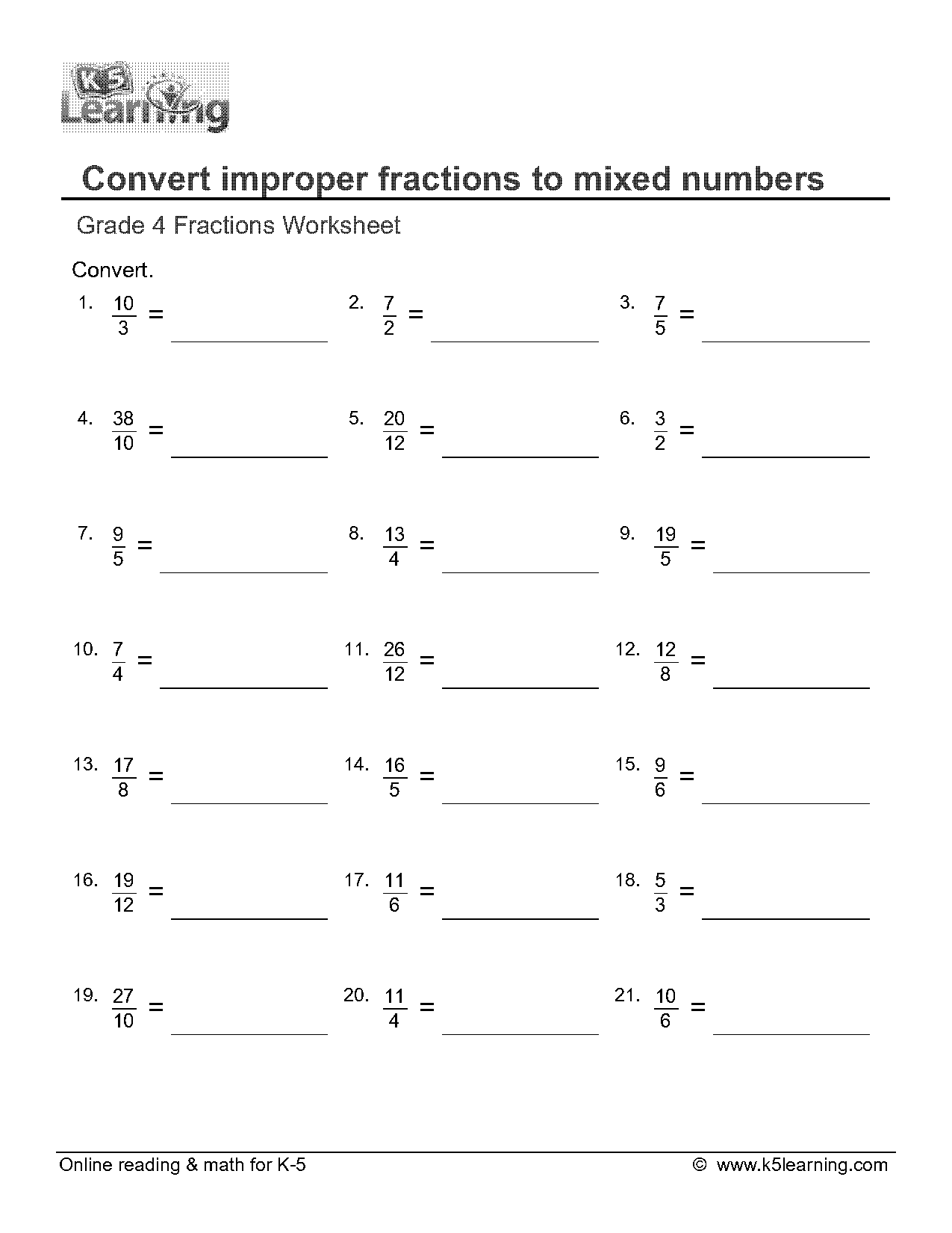 convert to improper fraction worksheet